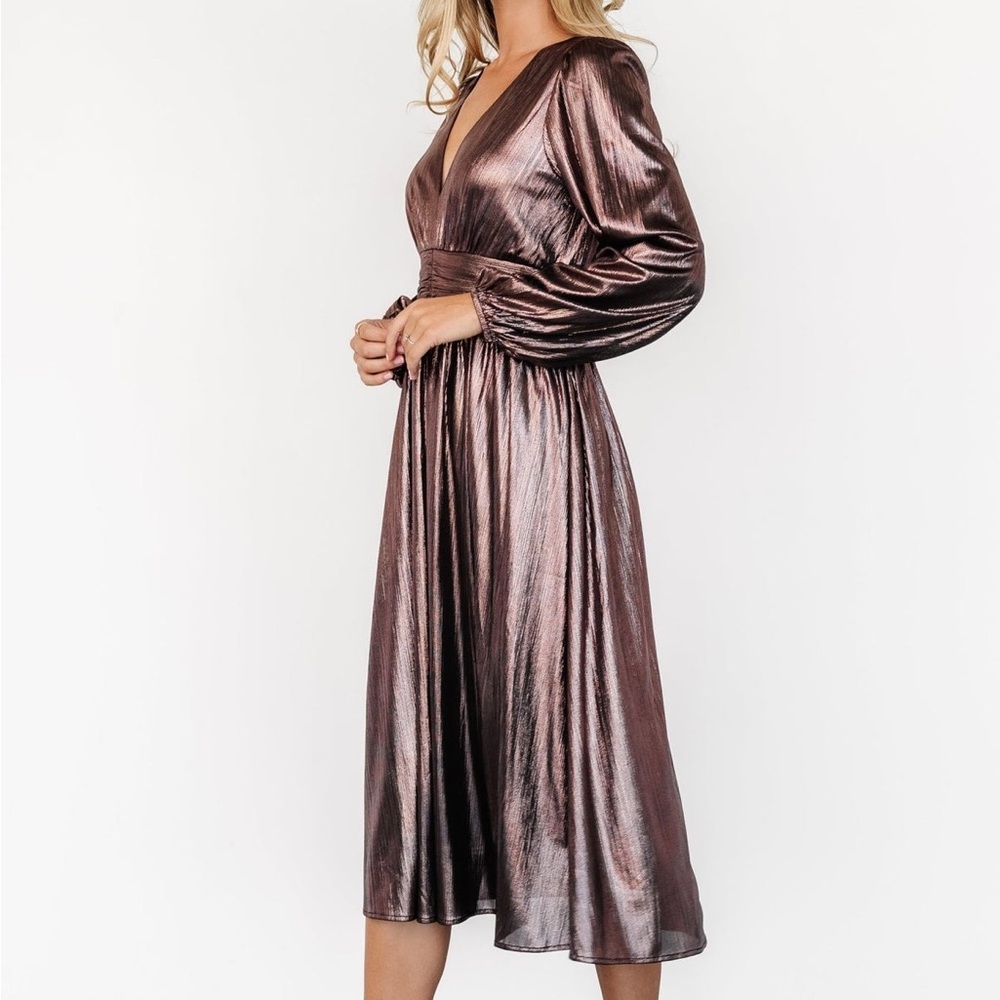 Baltic Born Bronze Shimmer Midi Dress Long Sleeve Cocktail Wedding Guest M - Picture 4 of 16